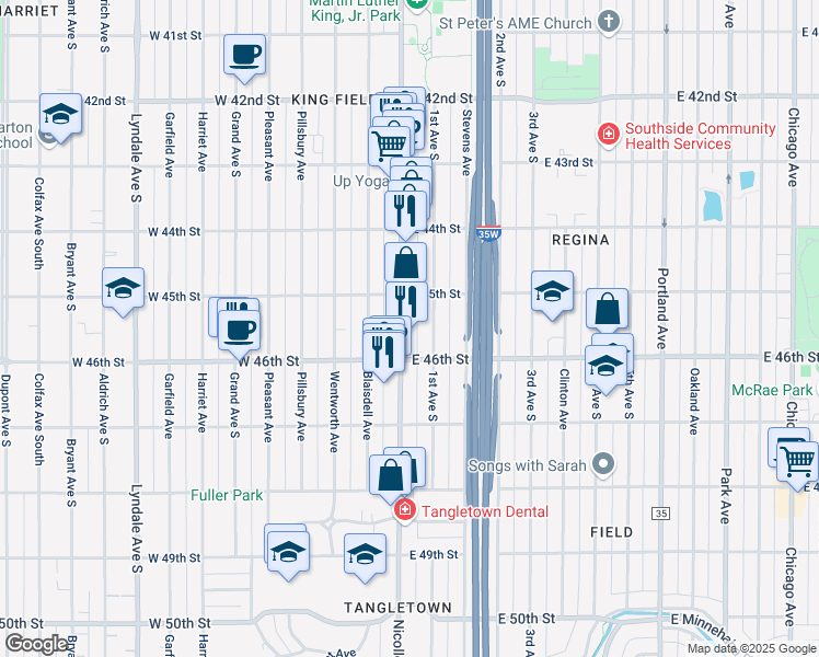 map of restaurants, bars, coffee shops, grocery stores, and more near 4527 Nicollet Avenue in Minneapolis