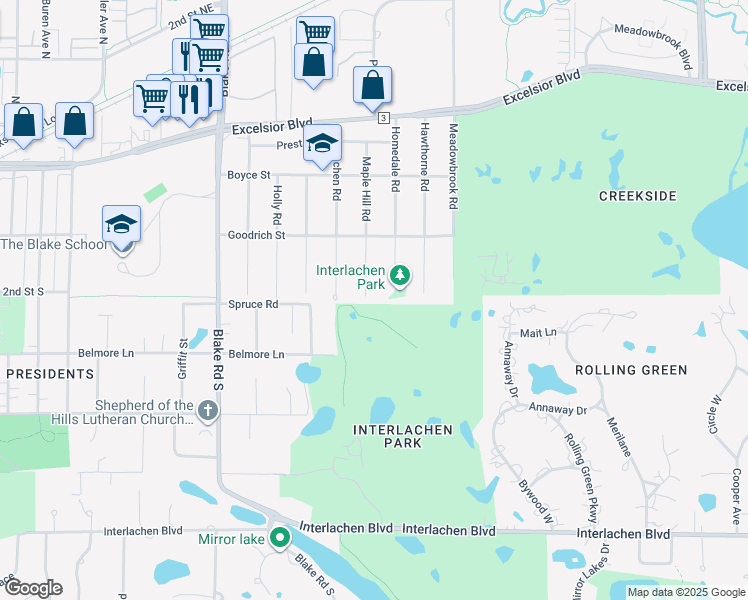 map of restaurants, bars, coffee shops, grocery stores, and more near 255 Maple Hill Road in Hopkins