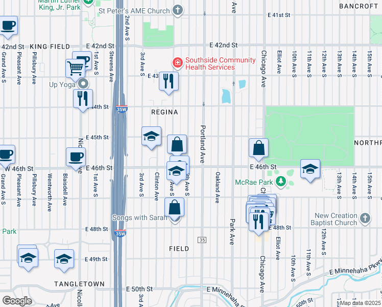 map of restaurants, bars, coffee shops, grocery stores, and more near 4533 South 5th Avenue in Minneapolis