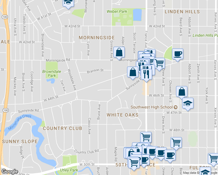 map of restaurants, bars, coffee shops, grocery stores, and more near 4416 Grimes Avenue South in Minneapolis
