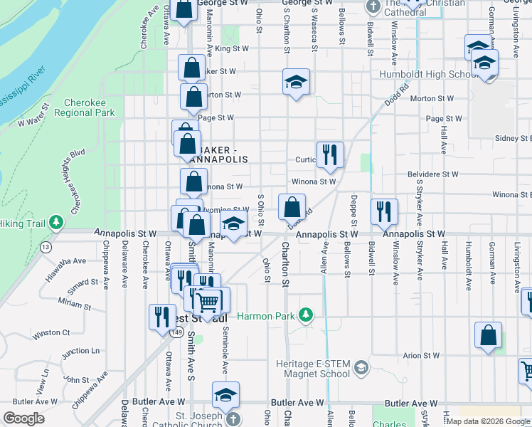 map of restaurants, bars, coffee shops, grocery stores, and more near 848 South Ohio Street in Saint Paul