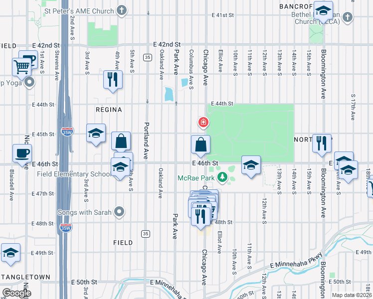 map of restaurants, bars, coffee shops, grocery stores, and more near 4532 Columbus Avenue in Minneapolis