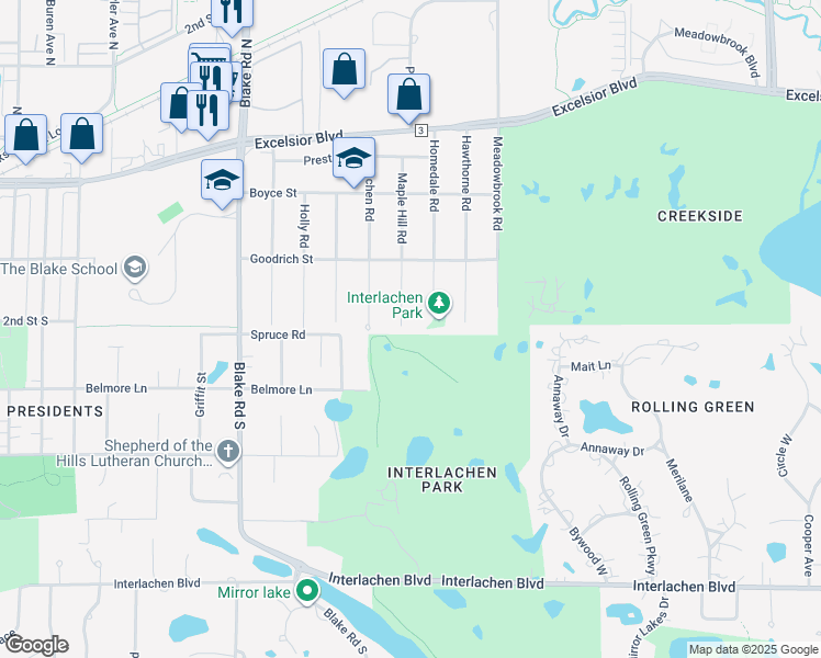 map of restaurants, bars, coffee shops, grocery stores, and more near 255 Maple Hill Road in Hopkins