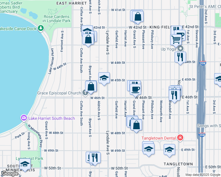 map of restaurants, bars, coffee shops, grocery stores, and more near 4525 Lyndale Avenue South in Minneapolis
