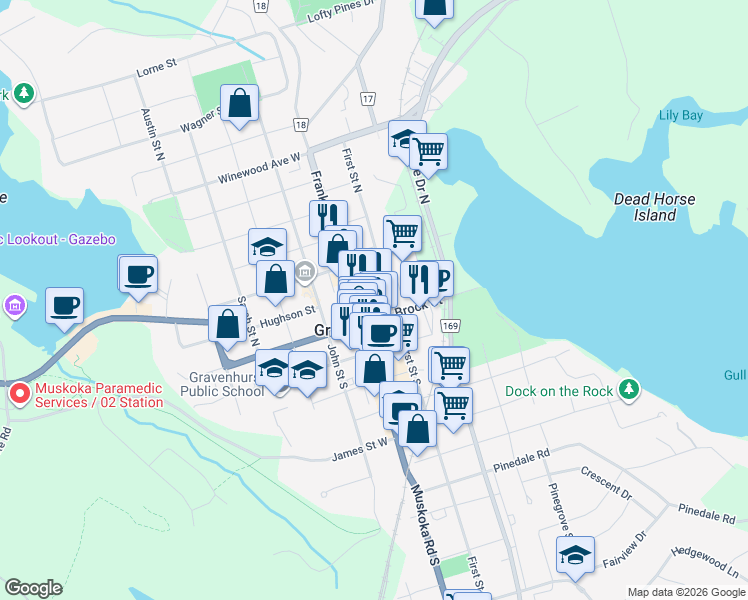 map of restaurants, bars, coffee shops, grocery stores, and more near 155 Harvie Street in Gravenhurst