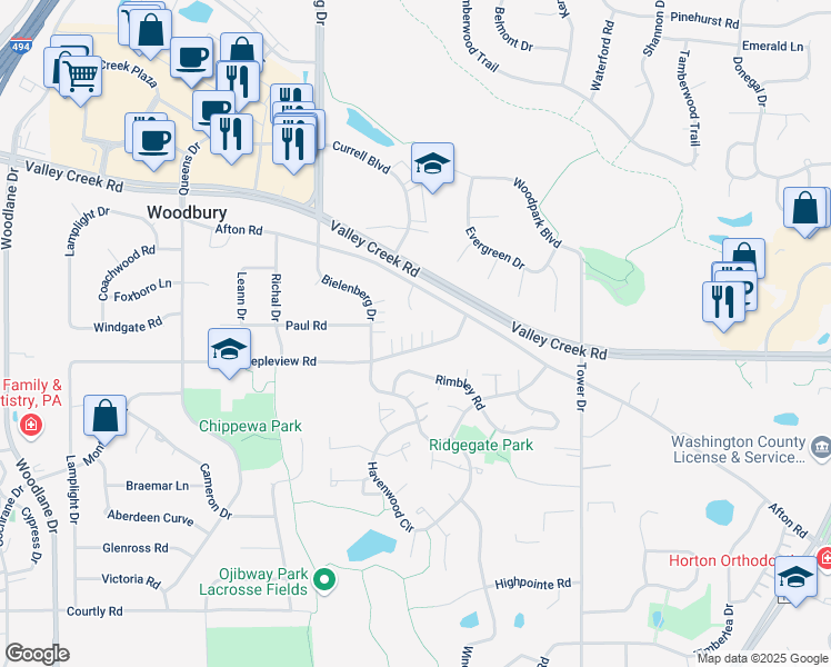 map of restaurants, bars, coffee shops, grocery stores, and more near 7686 Steepleview Road in Woodbury