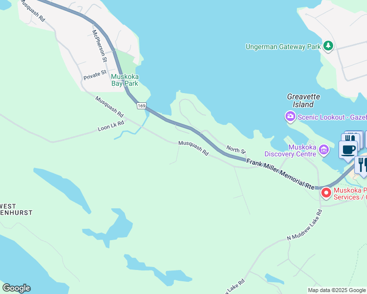 map of restaurants, bars, coffee shops, grocery stores, and more near 301 Musquash Road in Gravenhurst