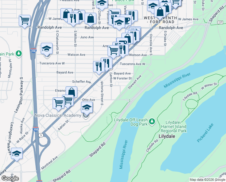 map of restaurants, bars, coffee shops, grocery stores, and more near 686 South Canton Street in Saint Paul