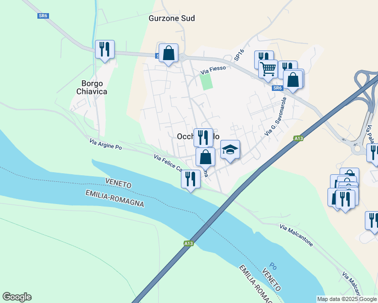 map of restaurants, bars, coffee shops, grocery stores, and more near 33 Via Felice Cavallotti in Occhiobello