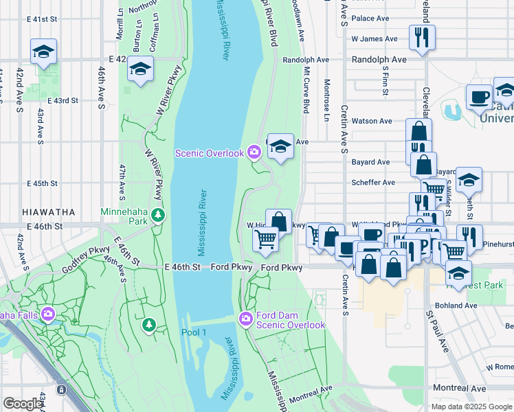 map of restaurants, bars, coffee shops, grocery stores, and more near 700 Mississippi River Boulevard in Saint Paul