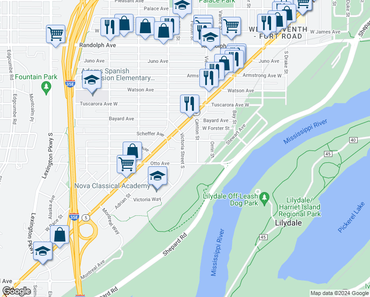 map of restaurants, bars, coffee shops, grocery stores, and more near 686 Victoria Street in Saint Paul