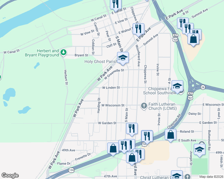 map of restaurants, bars, coffee shops, grocery stores, and more near 113 West Linden Street in Chippewa Falls