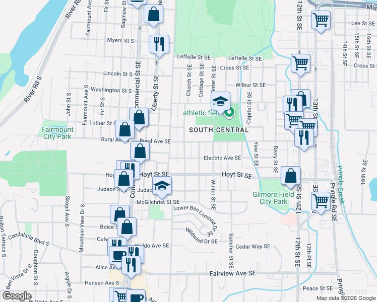 map of restaurants, bars, coffee shops, grocery stores, and more near 2055 Church Street Southeast in Salem