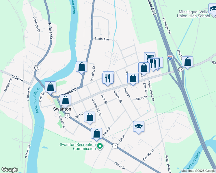 map of restaurants, bars, coffee shops, grocery stores, and more near 77 1st Street in Swanton