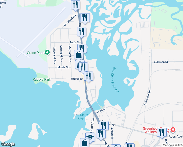 map of restaurants, bars, coffee shops, grocery stores, and more near 835 Grand Avenue in Schofield