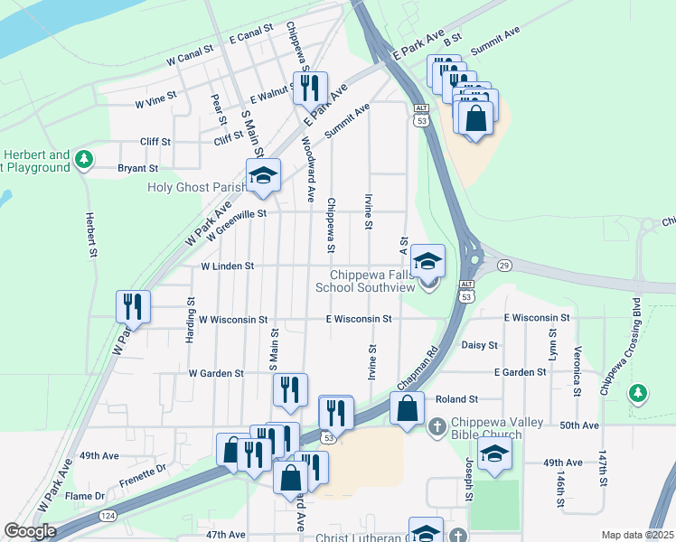map of restaurants, bars, coffee shops, grocery stores, and more near 609 Chippewa Street in Chippewa Falls