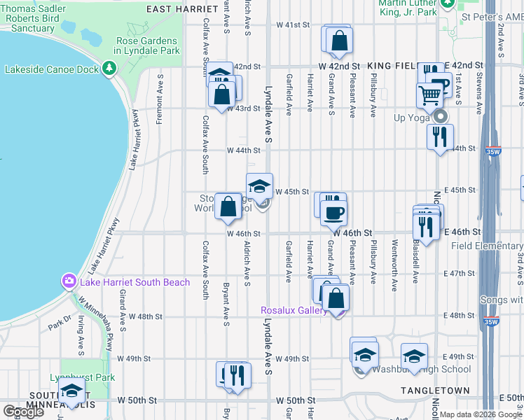 map of restaurants, bars, coffee shops, grocery stores, and more near 4525 Lyndale Avenue South in Minneapolis