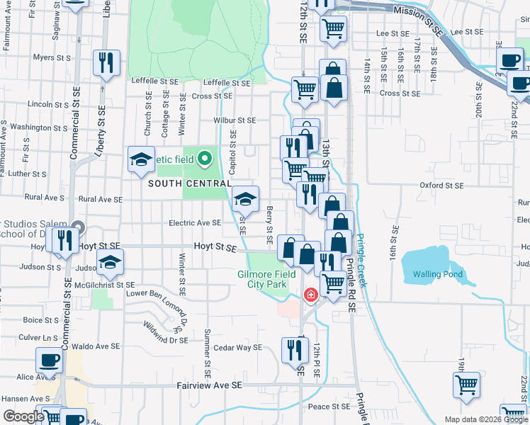 map of restaurants, bars, coffee shops, grocery stores, and more near 2065 Berry Street Southeast in Salem