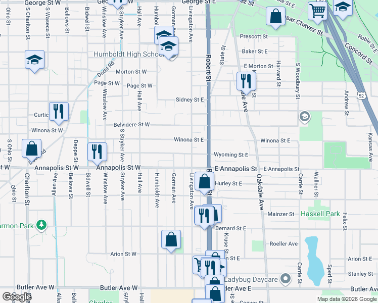 map of restaurants, bars, coffee shops, grocery stores, and more near 67 Wyoming Street East in Saint Paul
