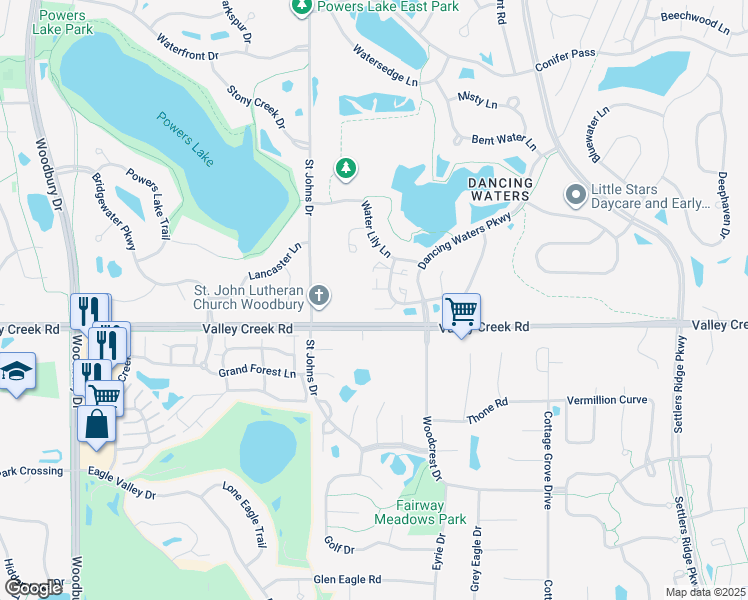map of restaurants, bars, coffee shops, grocery stores, and more near 10751 Falling Water Lane in Woodbury