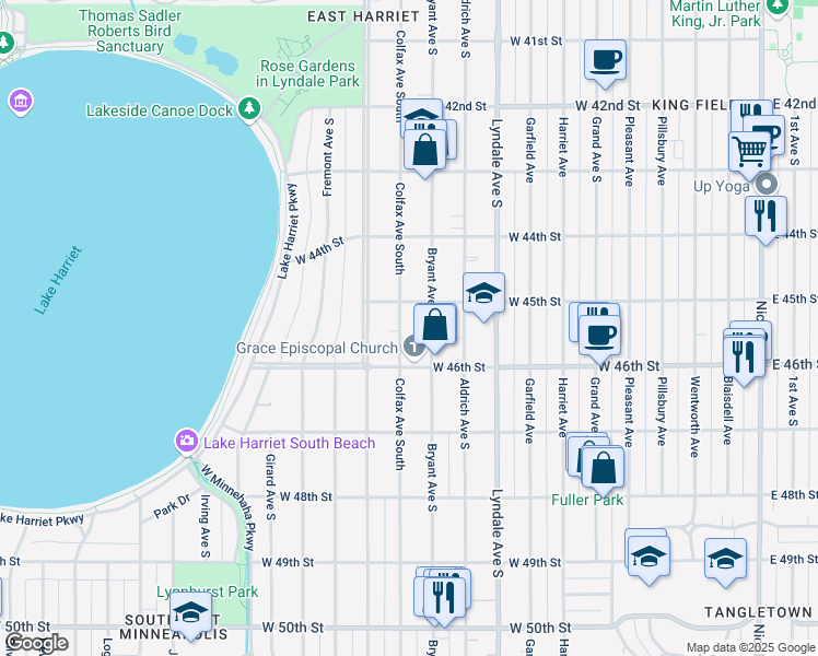 map of restaurants, bars, coffee shops, grocery stores, and more near 4528 Colfax Avenue South in Minneapolis
