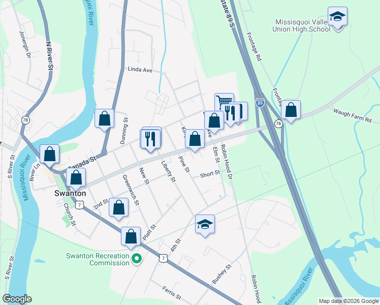 map of restaurants, bars, coffee shops, grocery stores, and more near 108 1st St in Swanton