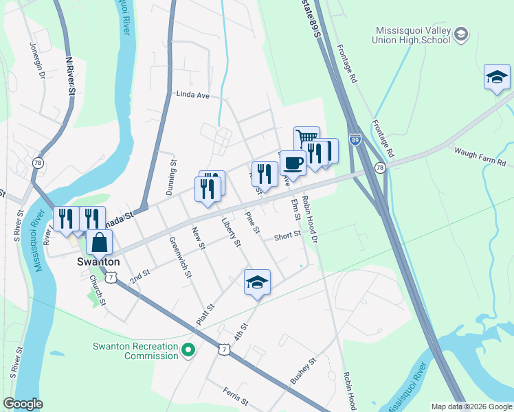 map of restaurants, bars, coffee shops, grocery stores, and more near 108 1st Street in Swanton