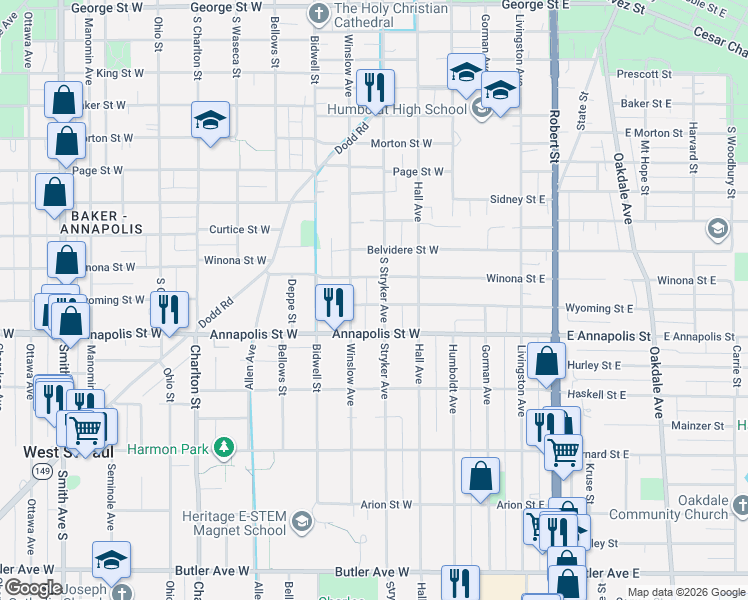 map of restaurants, bars, coffee shops, grocery stores, and more near 76 Wyoming Street West in Saint Paul