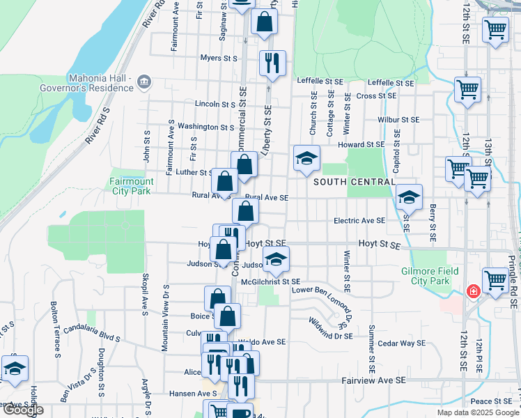map of restaurants, bars, coffee shops, grocery stores, and more near 362 Jerris Avenue Southeast in Salem