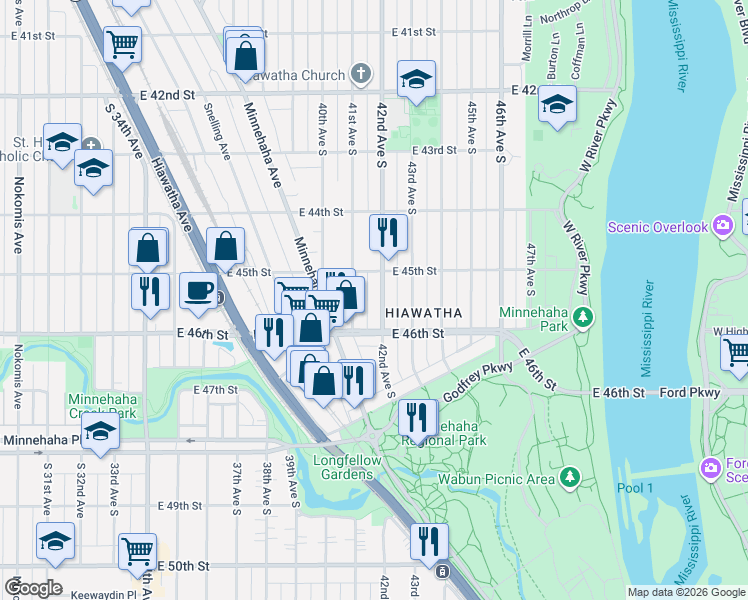 map of restaurants, bars, coffee shops, grocery stores, and more near 4532 42nd Avenue South in Minneapolis