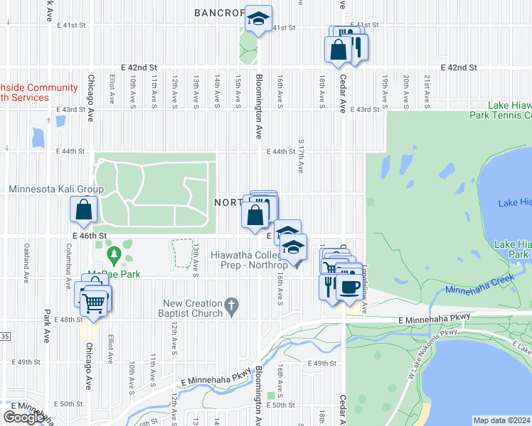 map of restaurants, bars, coffee shops, grocery stores, and more near 4535 Bloomington Avenue in Minneapolis