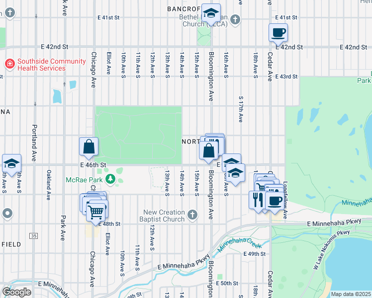 map of restaurants, bars, coffee shops, grocery stores, and more near 4531 14th Avenue South in Minneapolis