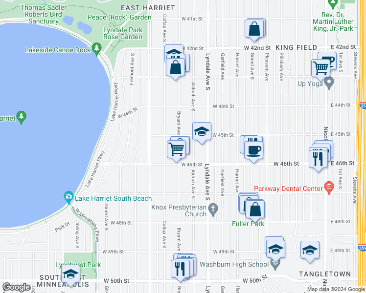 map of restaurants, bars, coffee shops, grocery stores, and more near 4528 Bryant Avenue South in Minneapolis