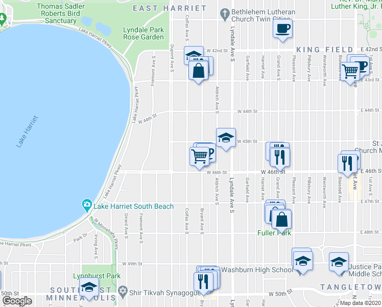 map of restaurants, bars, coffee shops, grocery stores, and more near 4528 Colfax Avenue South in Minneapolis