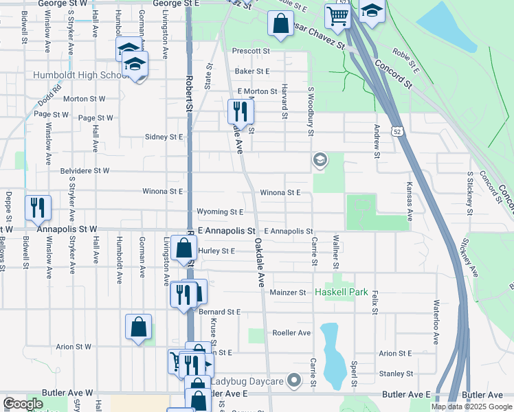 map of restaurants, bars, coffee shops, grocery stores, and more near 205 Wyoming Street East in Saint Paul