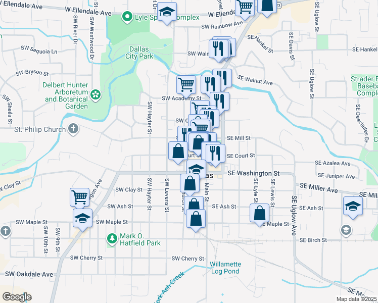 map of restaurants, bars, coffee shops, grocery stores, and more near 171 Southwest Court Street in Dallas