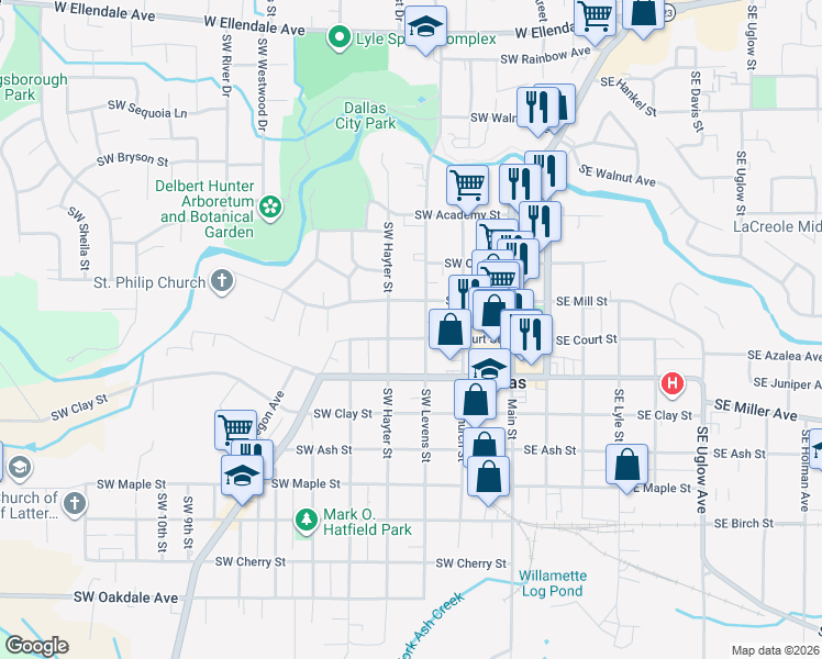map of restaurants, bars, coffee shops, grocery stores, and more near 342 Southwest Court Street in Dallas