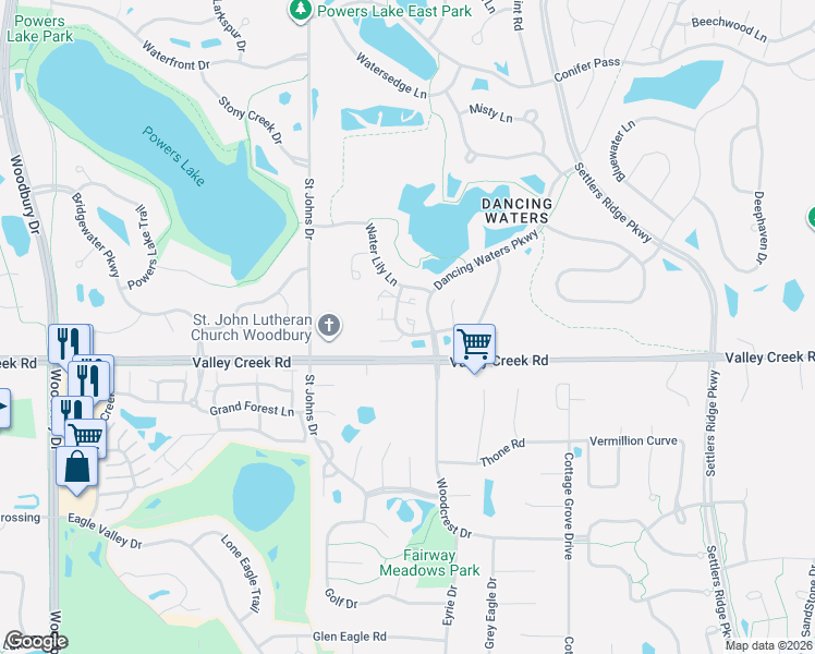 map of restaurants, bars, coffee shops, grocery stores, and more near 10752 Falling Water Lane in Woodbury