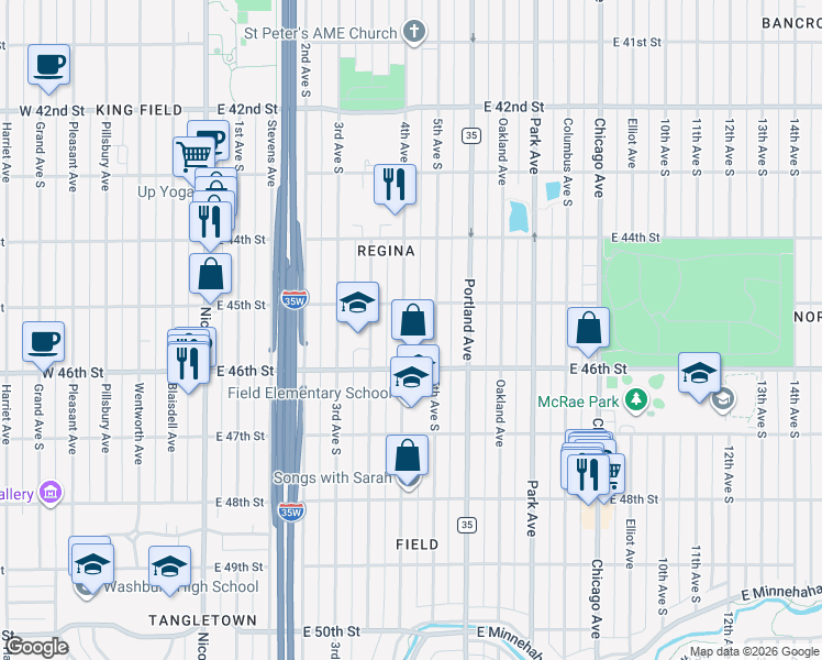 map of restaurants, bars, coffee shops, grocery stores, and more near 4533 4th Avenue South in Minneapolis