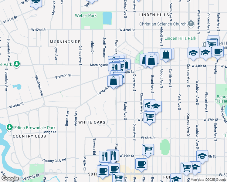 map of restaurants, bars, coffee shops, grocery stores, and more near 4532 France Avenue South in Edina