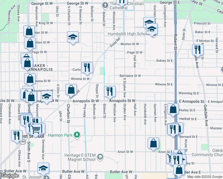 map of restaurants, bars, coffee shops, grocery stores, and more near 853 Winslow Avenue in Saint Paul