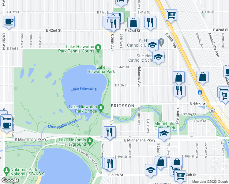 map of restaurants, bars, coffee shops, grocery stores, and more near 4521 South 28th Avenue in Minneapolis