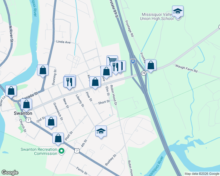 map of restaurants, bars, coffee shops, grocery stores, and more near 124 1st Street in Swanton