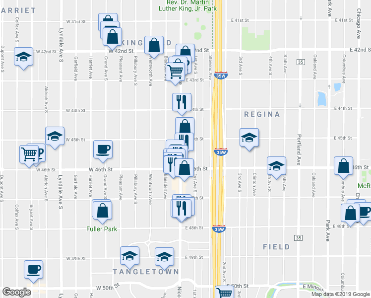 map of restaurants, bars, coffee shops, grocery stores, and more near 4517 Nicollet Avenue South in Minneapolis