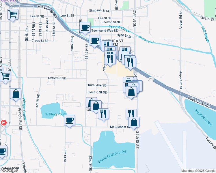map of restaurants, bars, coffee shops, grocery stores, and more near 2295 Electric Street Southeast in Salem