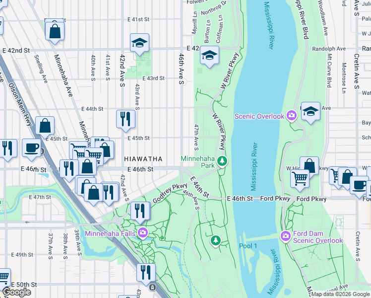 map of restaurants, bars, coffee shops, grocery stores, and more near 4532 47th Avenue South in Minneapolis