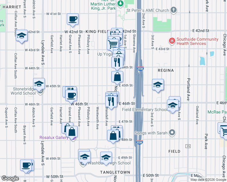 map of restaurants, bars, coffee shops, grocery stores, and more near 4527 Blaisdell Avenue in Minneapolis