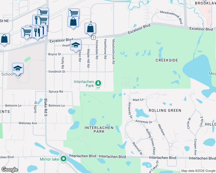 map of restaurants, bars, coffee shops, grocery stores, and more near 265 Hawthorne Road in Hopkins