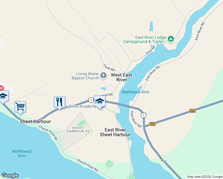 map of restaurants, bars, coffee shops, grocery stores, and more near 15 Pool Road in Sheet Harbour