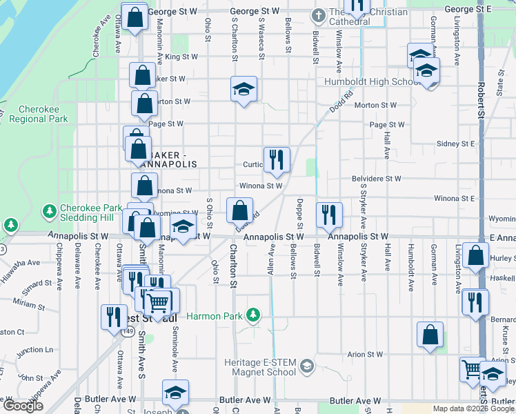 map of restaurants, bars, coffee shops, grocery stores, and more near 848 Dodd Road in Saint Paul